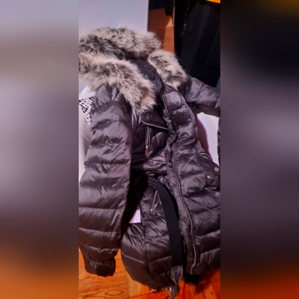 French Connection Women's Sherpa Lined Faux Fur Hood Belted Winter Puffer Coat S